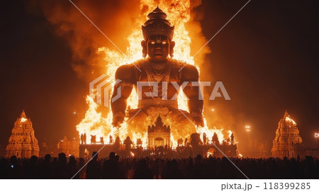 Burning effigy of Ravana, dramatic flames and smoke. Festive crowd celebrating Dussehra, nighttime 118399285