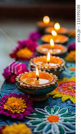 Diwali diyas lit with warm golden glow, placed on surface with rangoli and flowers. Vertical banner 118399286