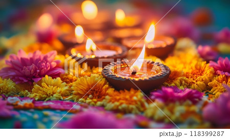 Traditional Diwali diyas lit with a warm, golden glow, placed on a surface with rangoli and flowers 118399287