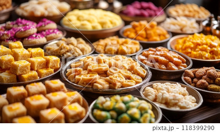 Colorful traditional Indian sweets and savory snacks arranged beautifully for Dussehra and Diwali Colorful traditional Indian sweets and savory snacks arranged beautifully for Dussehra and Diwali 118399290