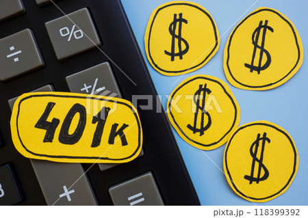 Calculator and the phrase 401k representing retirement planning. 118399392