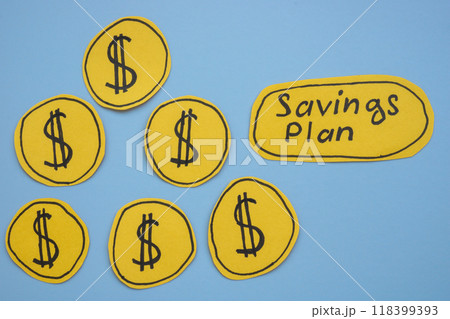 Words savings plan and dollar signs. Financial planning and budgeting. Words savings plan and dollar signs. Financial planning and budgeting. 118399393