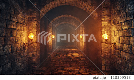 古代の石造りの廊下に並ぶ炎の松明 古代の石造りの廊下に並ぶ炎の松明 118399518
