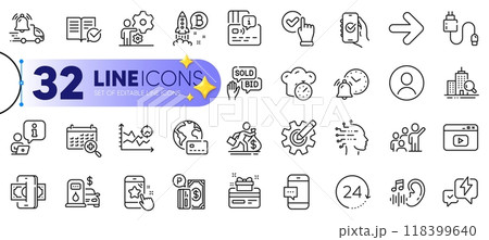 Outline set of Internet pay, Headshot and Lightning bolt line icons for web with Phishing, Alarm clock, Artificial intelligence thin icon. Delivery notification, Hearing. Vector Outline set of Internet pay, Headshot and Lightning bolt line icons for web with Phishing, Alarm clock, Artificial intelligence thin icon. Delivery notification, Hearing. Vector 118399640