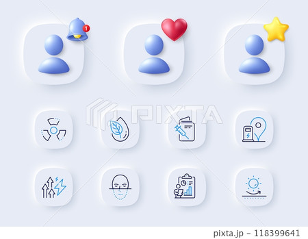 Energy inflation, Organic product and Vaccination passport line icons. Placeholder with 3d bell, star, heart. Pack of Charging station, Face recognition, Sun protection icon. Vector Energy inflation, Organic product and Vaccination passport line icons. Placeholder with 3d bell, star, heart. Pack of Charging station, Face recognition, Sun protection icon. Vector 118399641