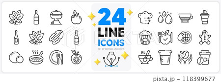 Icons set of Beer bottle, Popcorn and Peas line icons pack for app with Cooking beaker, Takeaway, Food delivery thin outline icon. Spinach, World water, Water drop pictogram. Vector Icons set of Beer bottle, Popcorn and Peas line icons pack for app with Cooking beaker, Takeaway, Food delivery thin outline icon. Spinach, World water, Water drop pictogram. Vector 118399677