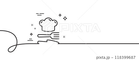 Food line icon. Continuous one line with curl. Cooking chef sign. Fork, knife symbol. Food single outline ribbon. Loop curve pattern. Vector Food line icon. Continuous one line with curl. Cooking chef sign. Fork, knife symbol. Food single outline ribbon. Loop curve pattern. Vector 118399687