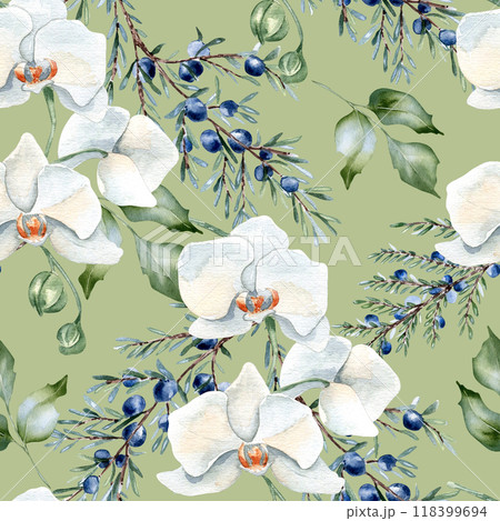 Floral seamless pattern with coniferous plants and blue berries. White orchids, juniper and leaves holly in neutral watercolor isolated. Evergreen branches and flowers hand drawn for design textile. 118399694