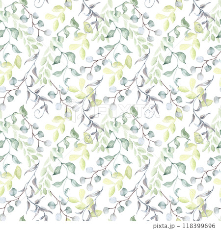Twigs eucalyptus, leaves in sage green watercolor seamless pattern isolated. Foliage background with repeating plants in pastel tones hand drawn for design textile. Delicate greenery texture. 118399696