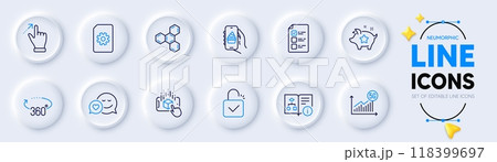 Loyalty points, Technical algorithm and Lock line icons for web app. Pack of 5g statistics, Food app, 360 degrees pictogram icons. Chemical formula, Voting ballot, Augmented reality signs. Vector 118399697