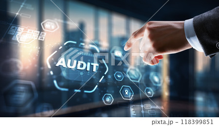 Businessman clicks Audit Auditor Financial service compliance concept 118399851