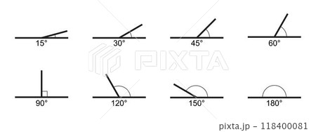 Set of angle degree icons. Collection of variuos protractor values isolated on white background. Geometric measurements. Mathematics symbols. Vector graphic illustration Set of angle degree icons. Collection of variuos protractor values isolated on white background. Geometric measurements. Mathematics symbols. Vector graphic illustration 118400081