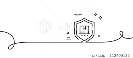 Package protection line icon. Continuous one line with curl. Parcel delivery insurance sign. Safe service symbol. Package protection single outline ribbon. Loop curve pattern. Vector Package protection line icon. Continuous one line with curl. Parcel delivery insurance sign. Safe service symbol. Package protection single outline ribbon. Loop curve pattern. Vector 118400126
