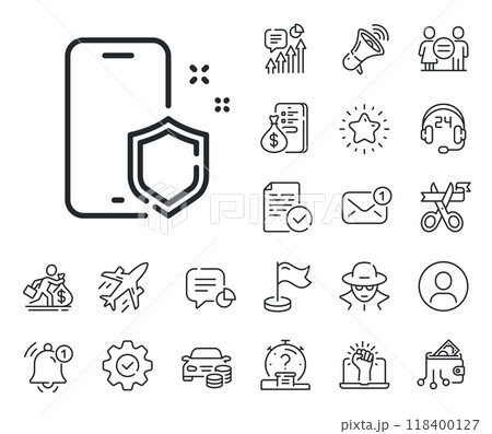 Smartphone shield sign. Salaryman, gender equality and alert bell outline icons. Phone protect line icon. Safe cellphone symbol. Phone protect line sign. Spy or profile placeholder icon. Vector 118400127