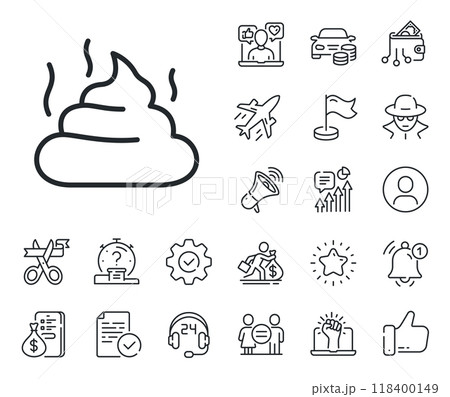 Pets excrement sign. Salaryman, gender equality and alert bell outline icons. Feces line icon. Poop or turd symbol. Feces line sign. Spy or profile placeholder icon. Online support, strike. Vector 118400149