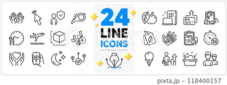 Icons set of Add team, Business results and Apple line icons pack for app with Spanner, Veins, Parking app thin outline icon. Hold box, Bio tags, Prescription drugs pictogram. Cursor. Vector 118400157
