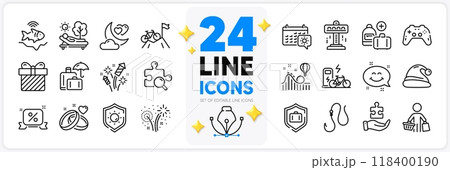 Icons set of Travel calendar, Add handbag and Fishfinder line icons pack for app with Roller coaster, Electric bike, Buyer thin outline icon. Attraction, Lounger, Love night pictogram. Vector Icons set of Travel calendar, Add handbag and Fishfinder line icons pack for app with Roller coaster, Electric bike, Buyer thin outline icon. Attraction, Lounger, Love night pictogram. Vector 118400190