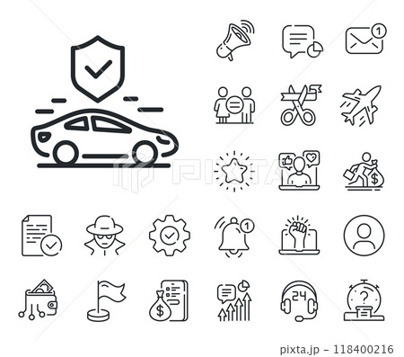 Car risk coverage sign. Salaryman, gender equality and alert bell outline icons. Transport insurance line icon. Vehicle protection symbol. Transport insurance line sign. Vector Car risk coverage sign. Salaryman, gender equality and alert bell outline icons. Transport insurance line icon. Vehicle protection symbol. Transport insurance line sign. Vector 118400216