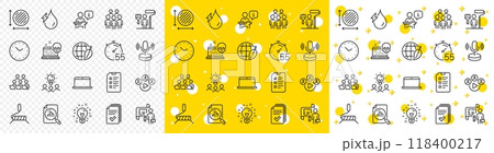 Outline Video conference, Cyber attack and Handout line icons pack for web with Checklist, Business idea, Environment day line icon. Group people, Plan, Timer pictogram icon. Idea. Vector 118400217