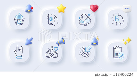 Horns hand, Bitcoin think and Targeting line icons. Buttons with 3d bell, chat speech, cursor. Pack of Selenium mineral, Approved report, Pasta icon. Marriage rings, Air conditioning pictogram. Vector 118400224