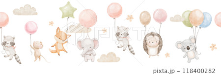 Seamless watercolor border with cute baby koala, elephant and mouse. Funny animals are flying with balloons in clouds. Hand drawn illustrations set Seamless watercolor border with cute baby koala, elephant and mouse. Funny animals are flying with balloons in clouds. Hand drawn illustrations set 118400282