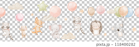Seamless watercolor border with cute baby koala, elephant and mouse. Funny animals are flying with balloons in clouds. Hand drawn illustrations set 118400282