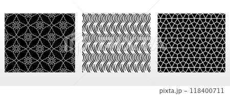 Geometric set of seamless black and white patterns. Simple vector graphics. 118400711
