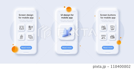 Flight sale, Surprise package and Grill line icons pack. 3d phone mockups with cursor. Glass smartphone screen. Ice cream milkshake, Gps, Holiday presents web icon. Vector 118400802