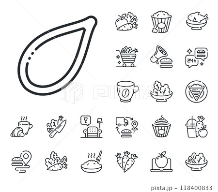 Tasty seeds sign. Crepe, sweet popcorn and salad outline icons. Pumpkin seed line icon. Vegan food symbol. Pumpkin seed line sign. Pasta spaghetti, fresh juice icon. Supply chain. Vector 118400833