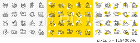 Outline Baggage reclaim, Hold box and Cardboard box line icons pack for web with Car wash, Home moving, Gift line icon. Travel path, Flight mode, Delivery pictogram icon. Vector 118400846