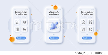 Timer, Smile and Bike line icons pack. 3d phone mockups with cursor. Glass smartphone screen. Reject protection, Fish, Technical info web icon. Balloon dart, Stress grows pictogram. Vector 118400855
