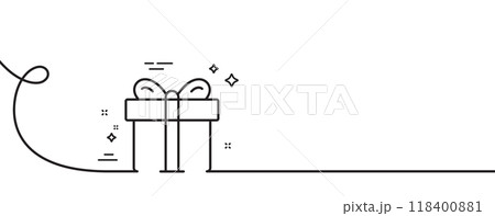 Gift box line icon. Continuous one line with curl. Present or Sale sign. Birthday Shopping symbol. Package in Gift Wrap. Gift box single outline ribbon. Loop curve pattern. Vector 118400881