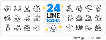 Icons set of Fishing float, Laurel wreath and Bicycle helmet line icons pack for app with Fishing lure, Delivery bike, Cardio training thin outline icon. Cardio calendar, Arena stadium. Vector 118400886