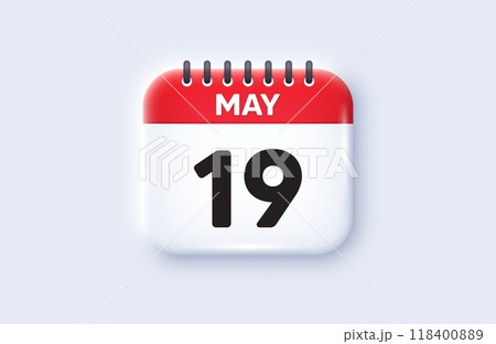 Calendar date 3d icon. 19th day of the month icon. Event schedule date. Meeting appointment time. 19th day of May month. Calendar event reminder date. Vector 118400889