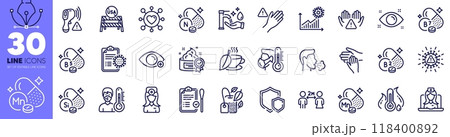 Clean hands, Health eye and Electronic thermometer line icons pack. Coronavirus statistics, Biotin vitamin, Farsightedness web icon. Fever temperature, Dont touch, Washing hands pictogram. Vector 118400892