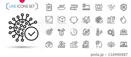 Pack of Computer fingerprint, Square area and Coronavirus vaccine line icons. Include Cobalamin vitamin, Qr code, Package size pictogram icons. Puzzle, Coronavirus, Methodology signs. Vector 118400987