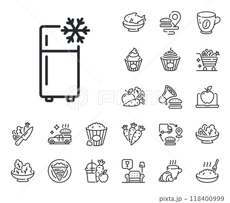 Fridge sign. Crepe, sweet popcorn and salad outline icons. Single chamber refrigerator line icon. Freezer storage symbol. Refrigerator line sign. Pasta spaghetti, fresh juice icon. Vector 118400999