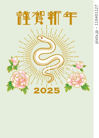 2025 年賀状テンプレート - 白蛇と光輪　ピンクの牡丹の花の装飾 118401127