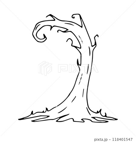 Crooked tree with gnarled roots. Linear silhouette of plant. Graphic illustration. Black outline clip art for Halloween. Hand drawn isolated drawing. Nature element for creepy decor. Doodle style. 118401547