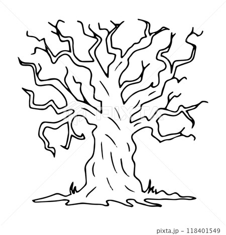 Silhouette of gnarled dry tree with curved branches. Black outline illustration for Halloween. Hand drawn isolated graphic clipart. Line sketch with twisted trunk for creepy decor. Doodle style. 118401549