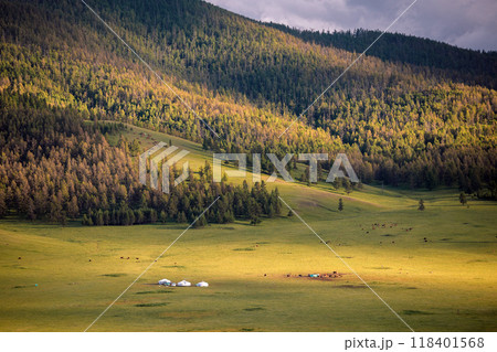 Northern Mongolia landscape in the evening during sunset Northern Mongolia landscape in the evening during sunset 118401568