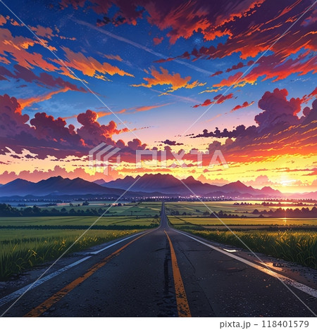 美しい夕焼けの空と農道 118401579