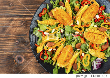Salad of cactus fruits, peppers and almonds. Salad of cactus fruits, peppers and almonds. 118401683