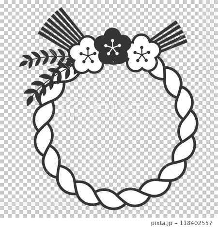 Simple black and white shimenawa and plum New Year decorations 118402557