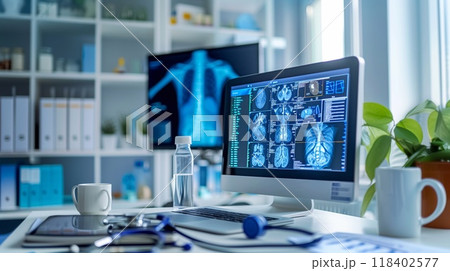 A doctor provides virtual medical assistance, reviewing patient data on a computer and ensuring quality healthcare from their office 118402577