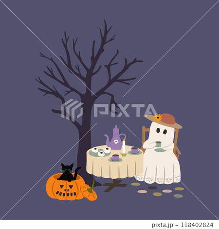 Cute ghost drinking tea under spooky tree vector illustration. Whimsical Halloween character with cup of tea, round dining table, bare tree, autumn pumpkins and black cat on dark background 118402824