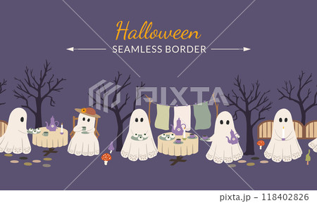 Cute ghosts vector seamless border. Whimsical vintage Halloween characters drinking tea. Hand drawn funny countryside night scene with sheet ghosts, spooky trees, tea table for seasonal banners, card 118402826