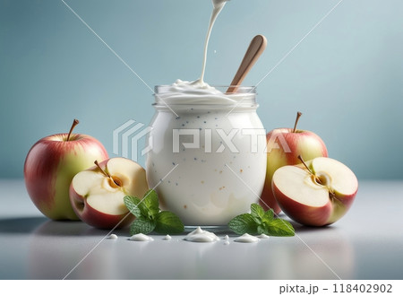 homemade milk yogurt with apple pieces and honey 118402902