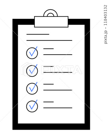 A minimalist sheet of paper attached to a clipboard, featuring a list with blue checkmarks. Ideal for efficiency, productivity, to-do lists, office work, organization, and project planning. Clean and 118403132