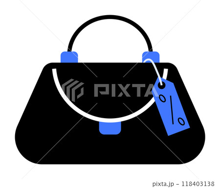 Black handbag with a blue and white discount tag. Ideal for fashion, sales, shopping, discounts, and retail. Simple, flat vector style. Black handbag with a blue and white discount tag. Ideal for fashion, sales, shopping, discounts, and retail. Simple, flat vector style. 118403138